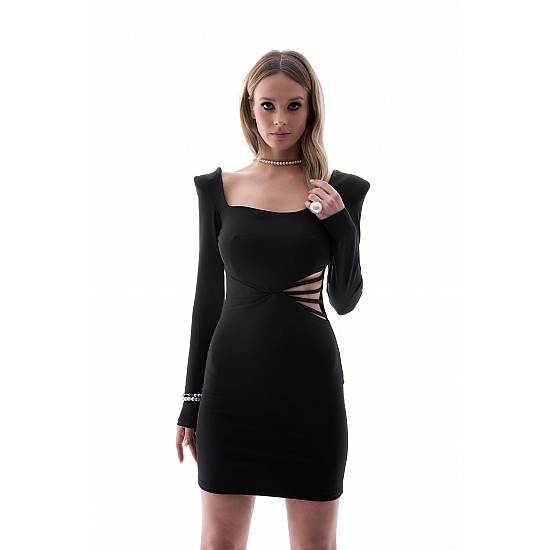 Amelia padded long sleeve black evening dress & graduation & party dress - BLACK