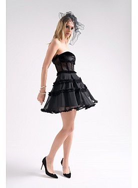 FRIDA Polka dot tulle underwire bustier black dress with chiffon skirt - BLACK