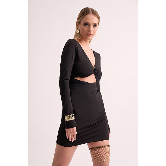 NAOMI Gold-plated buckle detailed, belly-cut, back zipper, body-hugging black mini dress - BLACK