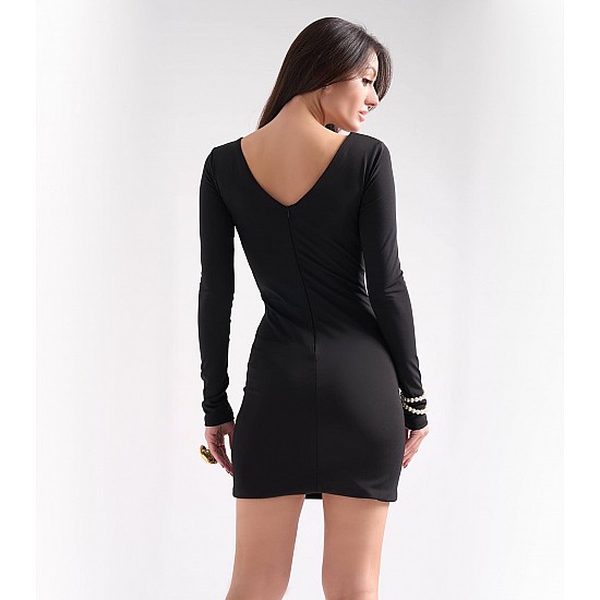 NAOMI Черное обтягивающее мини-платье с позолоченной пряжкой, вырезом живота, молнией сзади - ЧЕРНЫЙ