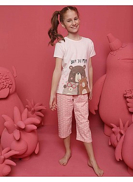 Donella Sevimli Ayıcık Baskılı Kız Çocuk Pijama Takım - 10072 - KREM