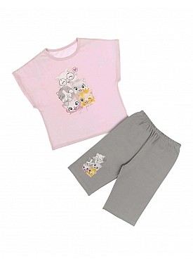 Donella Sevimli Kediler Baskılı Kız Çocuk Şortlu Pijama Takımı - 10083 - PEMBE