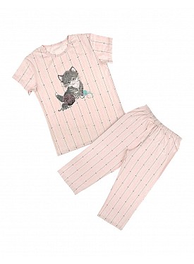 Donella Kedi Baskılı Kız Çocuk Pijama Takımı - 10086 - GRİ