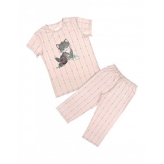 Donella Kedi Baskılı Kız Çocuk Pijama Takımı - 10086 - PEMBE