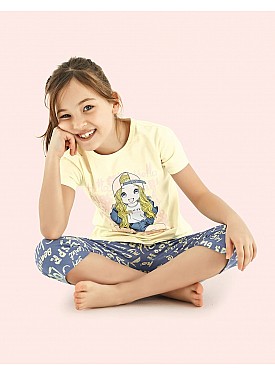 Donella Baskılı Kız Çocuk Yazlık Pijama Takımı - 10108 - SARI