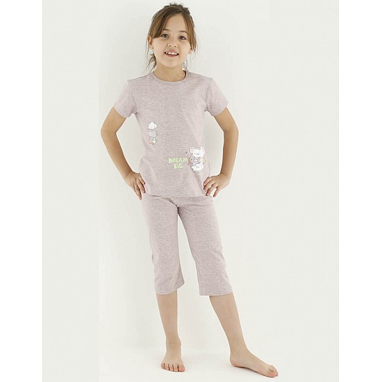 Donella Baskılı Kız Çocuk Yazlık Pijama Takımı - 10113 - PUDRA