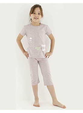 Donella Baskılı Kız Çocuk Yazlık Pijama Takımı - 10113 - VİZON