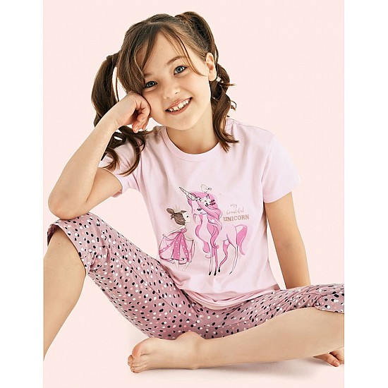 Donella Kelebek Baskılı Kız Çocuk Yazlık Pijama Takımı - 10121 - BEYAZ