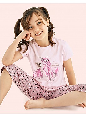 Donella Kelebek Baskılı Kız Çocuk Yazlık Pijama Takımı - 10121 - PEMBE