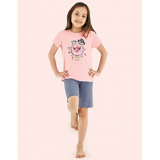 Donella Donut Baskılı Kız Çocuk Yazlık Pijama Takımı - 10125 - SARI