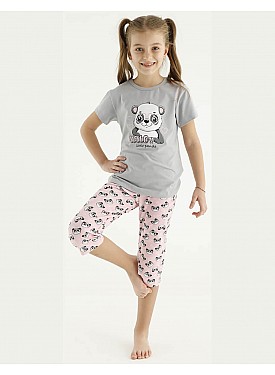 Donella Panda Baskılı Kız Çocuk Yazlık Pijama Takımı - 10126 - GRİ