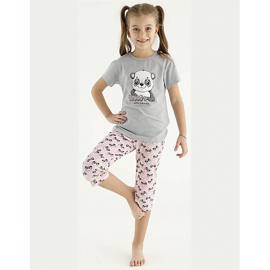 Donella Panda Baskılı Kız Çocuk Yazlık Pijama Takımı - 10126 - GRİ