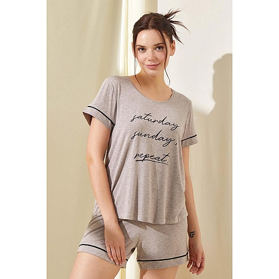 Caroline Kısa Kollu T-shirt-Şort Pijama Takımı Vizon - 92505-2 - VİZON